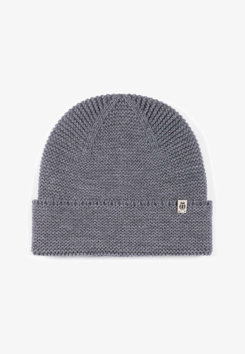 Gray knit beanie with a folded cuff, featuring textured fabric and a small logo tag on the side. Simple, versatile design.