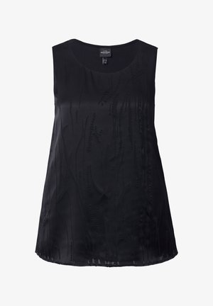 Sort ærmeløs top lavet af glat stof med et struktureret mønster, der ligner plantemotiver. Den har en rund halsudskæring og en løs pasform.