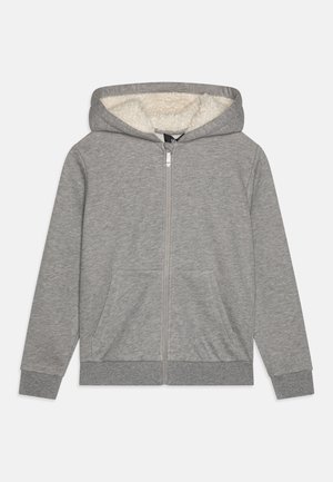 Felpa grigia con zip, foderata in morbido color crema, dotata di due tasche frontali e polsini e orlo a costine. Presenta un cappuccio per ulteriore calore.