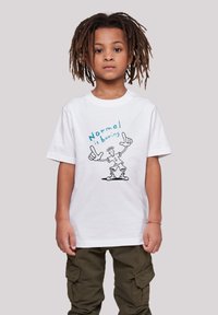 White cotton t-shirt featuring a graphic design of a cartoon character with outstretched hands. Text reads "Normal is boring" in blue.