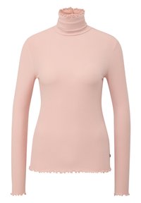 Roze geribbelde longsleeve turtleneck top met ruches aan de kraag en zoom. De stof heeft een gladde textuur en een getailleerd ontwerp.