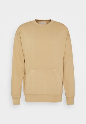 Beige sweatshirt made of cotton blend, featuring a crew neckline, long sleeves, and a front kangaroo pocket. Simple stitching, no patterns.