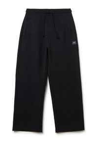 Schwarze Jogginghose aus weichem Baumwollgemisch, mit elastischem Bund und Zugkordel, Seitentaschen und einem Logo-Patch an der Hüfte.