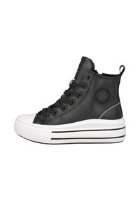 Zapatilla alta negra hecha de cuero texturizado, con una suela de goma blanca con rayas negras y un logotipo redondo en el costado.