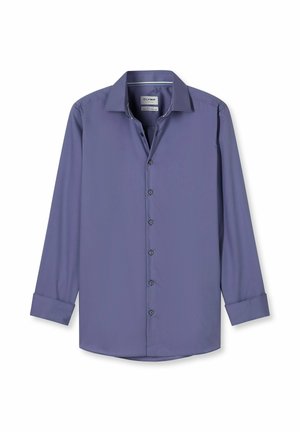 Lila Langarmhemd mit spitzem Kragen, Knopfleiste und dunklen Knöpfen. Glattes Material mit subtiler Glanz; aufgerollte Manschetten.