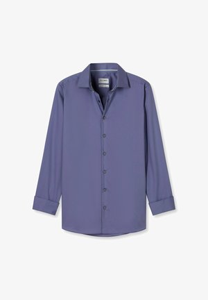 Lila Langarmhemd mit spitzem Kragen, Knopfleiste und dunklen Knöpfen. Glattes Material mit subtiler Glanz; aufgerollte Manschetten.