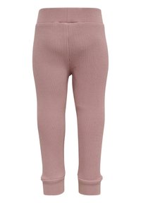 Rosa ribbade leggings med bred elastisk midja och åtsittande fållar, tillverkade av ett mjukt, stretchigt material.