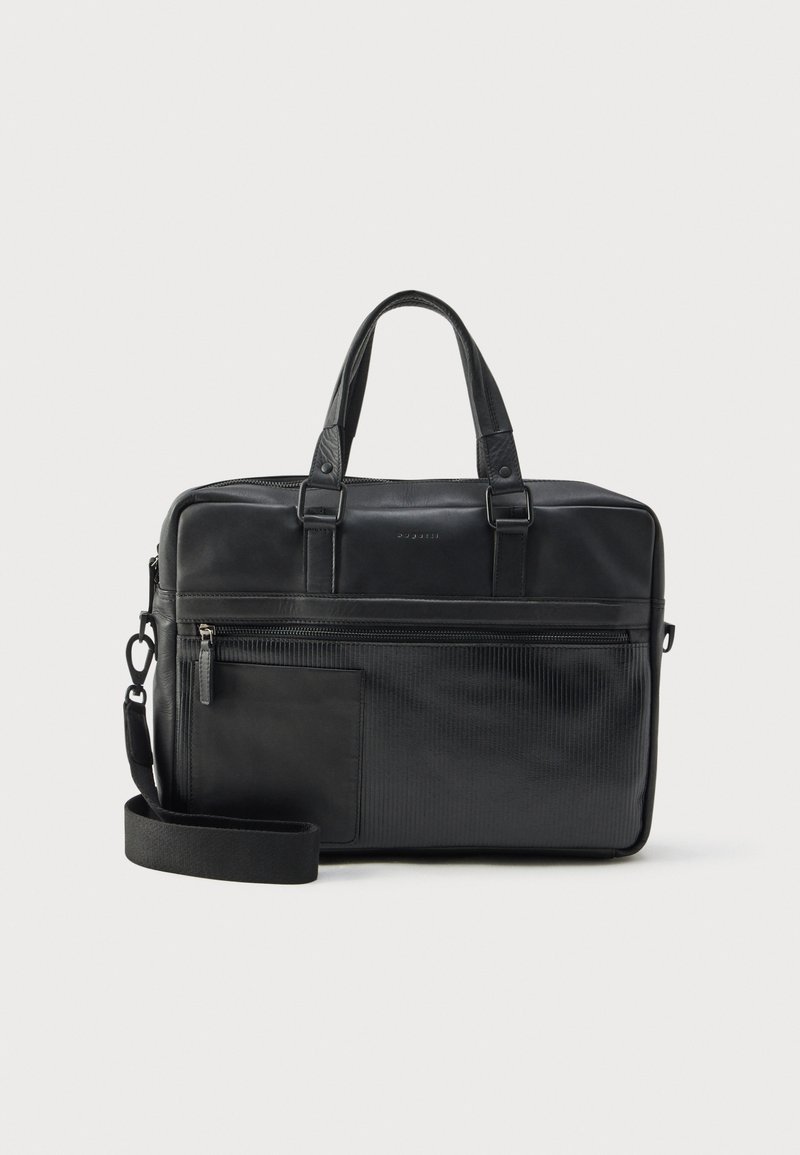 Fekete, sima bőrből készült laptop táska bordázott textúrával, dupla fogantyúval, eltávolítható vállpánttal és több cipzáras zsebbel.