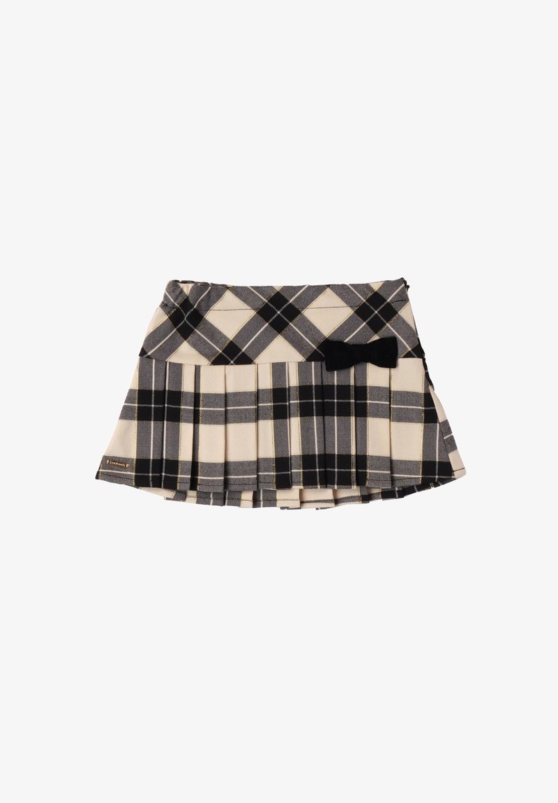 Jupe à carreaux noir et gris avec des plis, ornée d'un nœud noir sur la ceinture. La texture du tissu est lisse ; le motif est à carreaux.