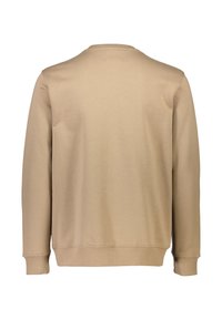 Felpa beige con maniche lunghe, colletto rotondo, polsini e orlo a coste, realizzata in tessuto morbido con una superficie liscia.