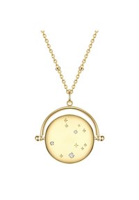 Gold-tone necklace with a round pendant. Pendant features textural stars and diamonds arranged on a smooth, polished surface. Chain links are oval.