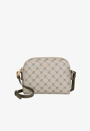 Beige crossbody bag with a repeating pattern of stylized motifs, gold hardware, and an olive green adjustable strap. Zipper closure at top.