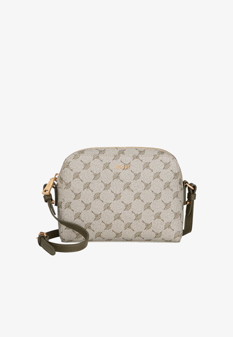 Borsa a tracolla beige con un motivo stilizzato ripetuto, hardware dorato e una tracolla regolabile verde oliva. Chiusura con zip nella parte superiore.