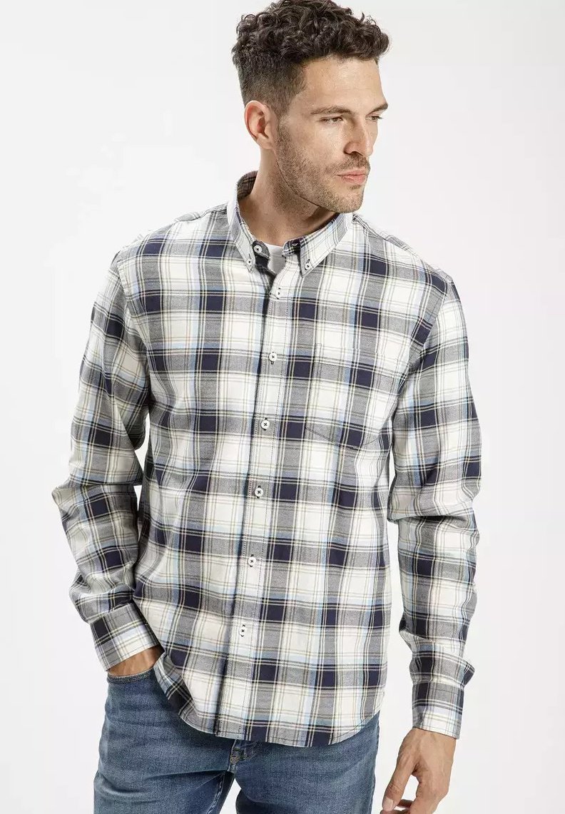 Koszula w kratę w biało-marynarsko-szarym wzorze; kołnierz zapinany na guziki; długie rękawy; wykonana z bawełny; posiada przednie guziki i subtelną teksturę.