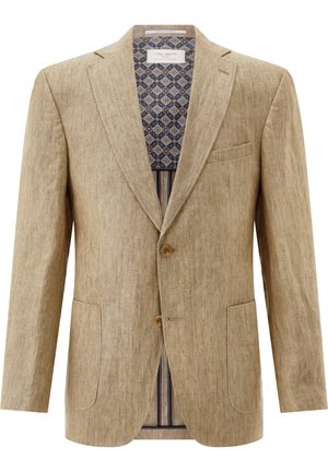Beiger Leinen-Blazer für Herren mit zwei Knöpfen, Revers mit Kerbe, zwei aufgesetzten Fronttaschen und gemustertem Innenfutter.