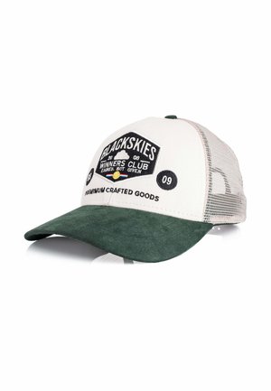 Biała i zielona siatkowa czapka z daszkiem z wyhaftowanymi na przednim panelu napisami "BLACKSKIES Winners Club" oraz "Premium Crafted Goods".