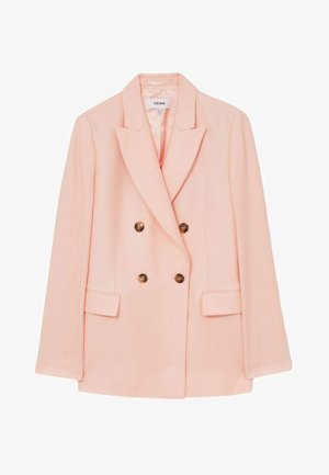Blazer croisé en tissu rose doux, présentant des revers crantés, deux poches avant et des boutons dorés. Coupe ajustée, forme structurée.