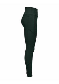 Pantalone preko struka, tamnozelene boje, s rebrastom teksturom i detaljima sa strane. Elastičan materijal, prilagodljiv dizajn, do gležnjeva.