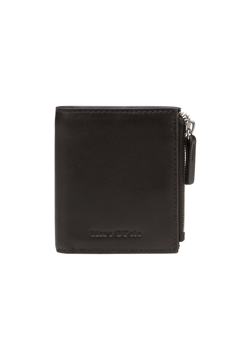 Compact black leather wallet with visible zipper on the side and subtle embossed brand name on the front lower corner.