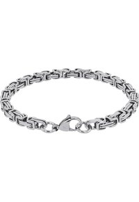 Bracciale in catena color argento con maglie rettangolari, finitura lucida e chiusura a moschettone sicura.