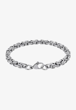 Silberfarbene Kettenarmband mit rechteckigen Gliedern, poliertem Finish und sicherem Karabinerverschluss.