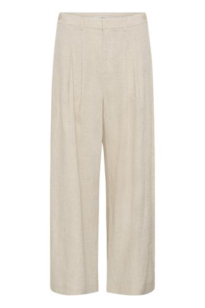 Beežid laia säärega püksid voldidega, vööaasade ja esipoolse tõmblukuga, valmistatud tekstuuriga kangast.