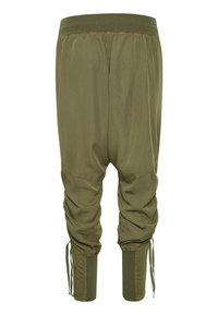 Khaki zöld, tapered cargo nadrág rugalmas derékkal, ráncolt bokakupakkal és oldalsó zsebekkel. Könnyű anyag, sima textúrával.