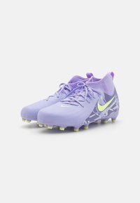 Purple football boots with a textured surface, yellow accents, and a graphic design on the side. Features include laces and a padded collar.