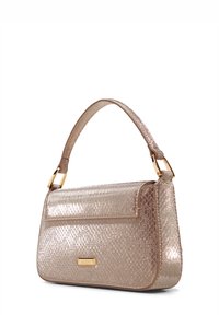 Metallic rose gold handbag with a textured finish, a flat body, and a curved handle. Features a front flap and gold hardware accents.
