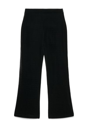 Pantaloni neri a gambe larghe con vita elastica, distesi su uno sfondo bianco.