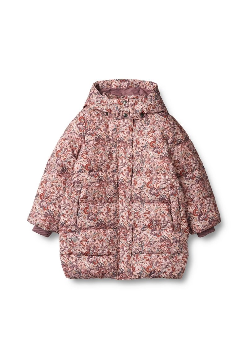 Gestepptes Jacket mit floralem Druck in Pink und Burgunderrot. Mit Kapuze, Snapverschluss und gerippten Bündchen. Zwei Seitentaschen.