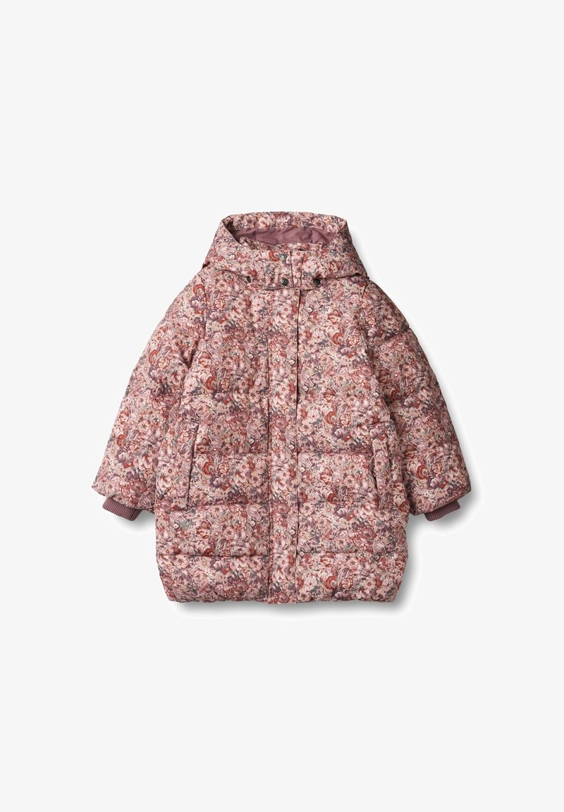 Giubbotto imbottito con stampa floreale in rosa e bordeaux. Presenta un cappuccio, chiusura a bottoni automatici e polsini a coste. Due tasche laterali.