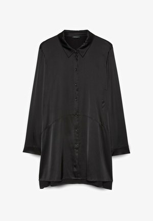 Black long-sleeve satin shirt with collar and front buttons, featuring a curved seam detail across the front and a slightly longer back hem.