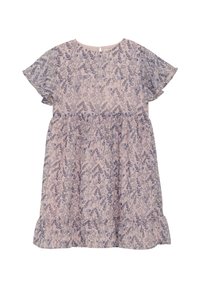 Blumenmusterkleid in sanftem Rosa, mit schwingenden Ärmeln, einem runden Halsausschnitt und einer gerafften Taille mit einem rüschierten Saum.