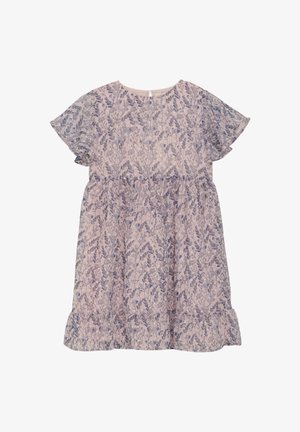 Blumenmusterkleid in sanftem Rosa, mit schwingenden Ärmeln, einem runden Halsausschnitt und einer gerafften Taille mit einem rüschierten Saum.