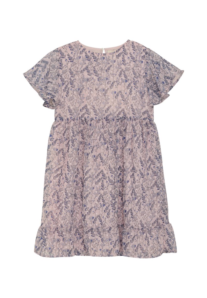 Blumenmusterkleid in sanftem Rosa, mit schwingenden Ärmeln, einem runden Halsausschnitt und einer gerafften Taille mit einem rüschierten Saum.