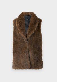 Bruine nepbonten mouwloze vest met ruime kraag en zwarte binnenvoering, gelabeld Vero Moda, plat weergegeven op een witte achtergrond.