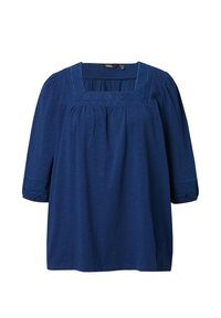 Marinblus med fyrkantig halsringning, broderade detaljer runt kragen och ärmsluten, samt trekvarts puffy ärmar i bomullstyg.