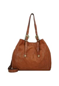 Borsa a tracolla in pelle marrone con doppie spalline regolabili e dettagli in metallo decorativi. Finitura testurizzata con un design spazioso.