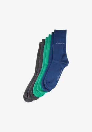 Five pairs of socks in dark gray, green, and blue. Cotton blend, smooth texture, featuring the "TOM TAILOR" logo on each pair.