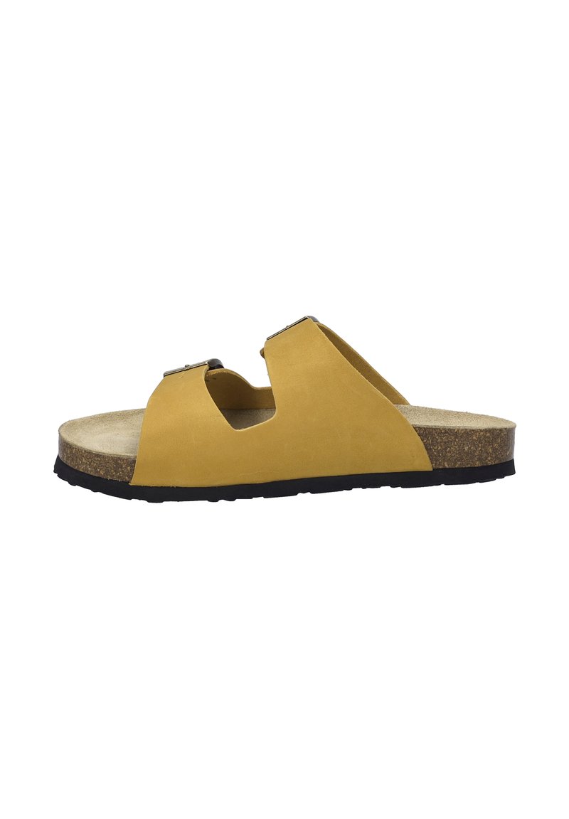 Yellow two-strap sandal with a cork footbed and textured rubber outsole. Features cutouts and metallic accents on straps.