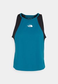 Top sin mangas en teal con acentos en negro. Textura acanalada, escote redondeado y logo impreso en blanco en el pecho. Diseño atlético, estilo sin mangas.
