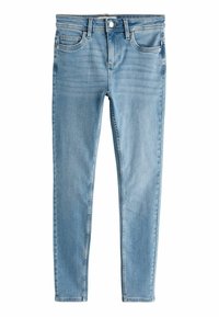 Jeans ajustados de denim azul claro con una cintura de altura media, diseño de cinco bolsillos y un ligero desvanecimiento. Terminado con un cierre de botón y presillas para el cinturón.