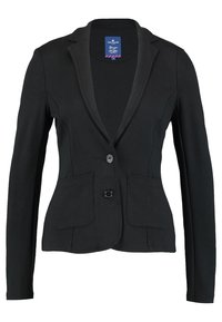 Blazer nero con maniche lunghe, due tasche frontali, chiusura a singolo bottone e revers a punta. Realizzato in un tessuto liscio ed elastico.