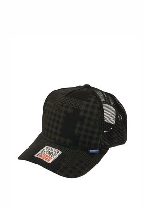 Black mesh-back baseball cap with subtle checkered pattern, curved brim, and label with QR code on the front.