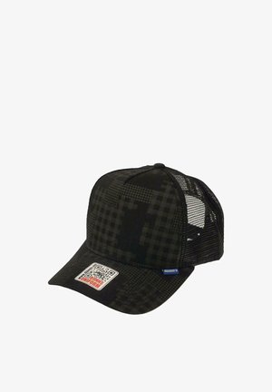 Black mesh-back baseball cap with subtle checkered pattern, curved brim, and label with QR code on the front.