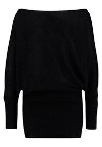 Svart av axlarna-top med en löst sittande design, ribbad textur i botten, och mjukt material. Långa ärmar, minimal glans.