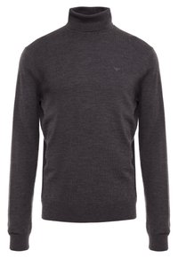 Mörkgrå polotröja i mjuk stickad kvalitet, med långa ärmar och en minimalistisk design med en subtil varumärkeslogotyp på bröstet.