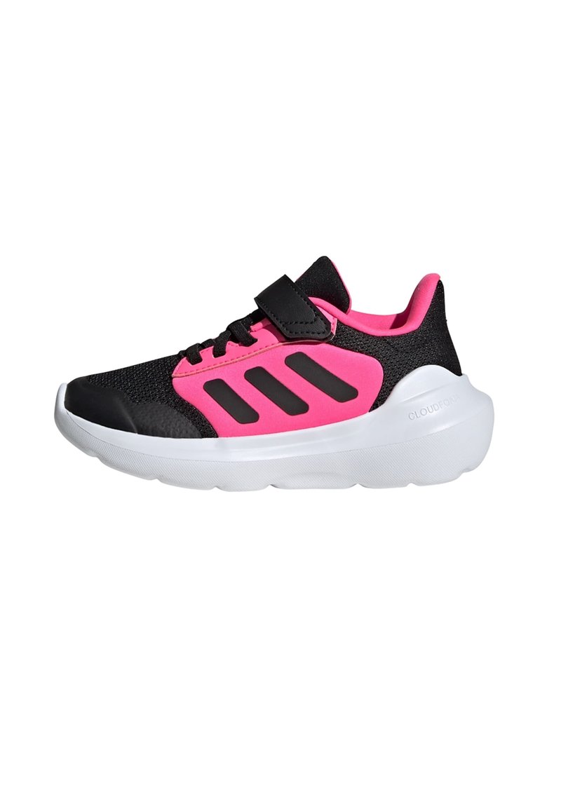 Sport shoes featuring a black mesh upper, bright pink accents, three black stripes, and a white rubber sole with a textured finish.