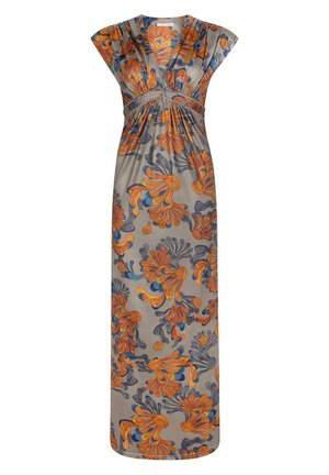 Abito lungo in tessuto grigio chiaro con motivi floreali blu e arancio. Le maniche a cappuccio e il dettaglio in vita arricciata creano una silhouette rilassata.